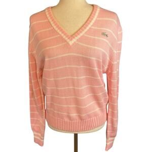 Izod Sports Lacoste Vintage 80's V Neck Striped Sweater Preppy Pink Medium 40